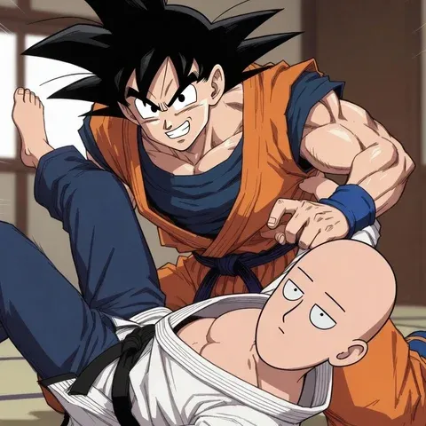 Goku pinning Saitama on the mats